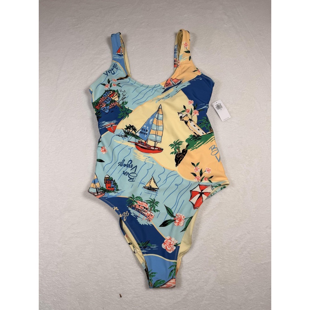 Old Navy Swimsuit Womens M Blue Tropical Bon Voyage Print One Piece Tank Logo